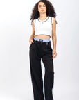 Pantalon Ancho Negro con Detalle de Rayas