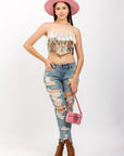 Top bandeau con volantes y estampado floral