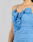 Vestido Flor Corrugado Azul